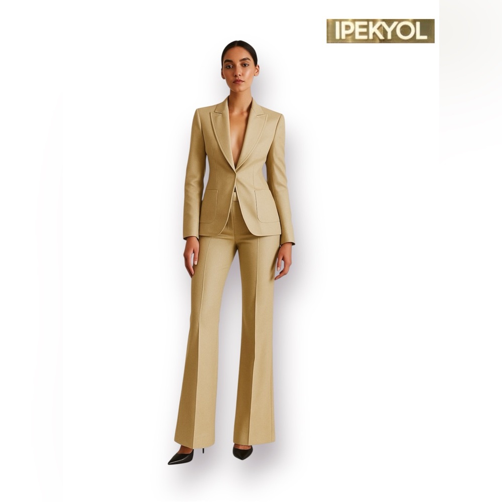 🛍️SALE🛍️IPEKYOL Elegant Tan Women's Single-Breasted Blazer & Pants 2-PIECE Suit